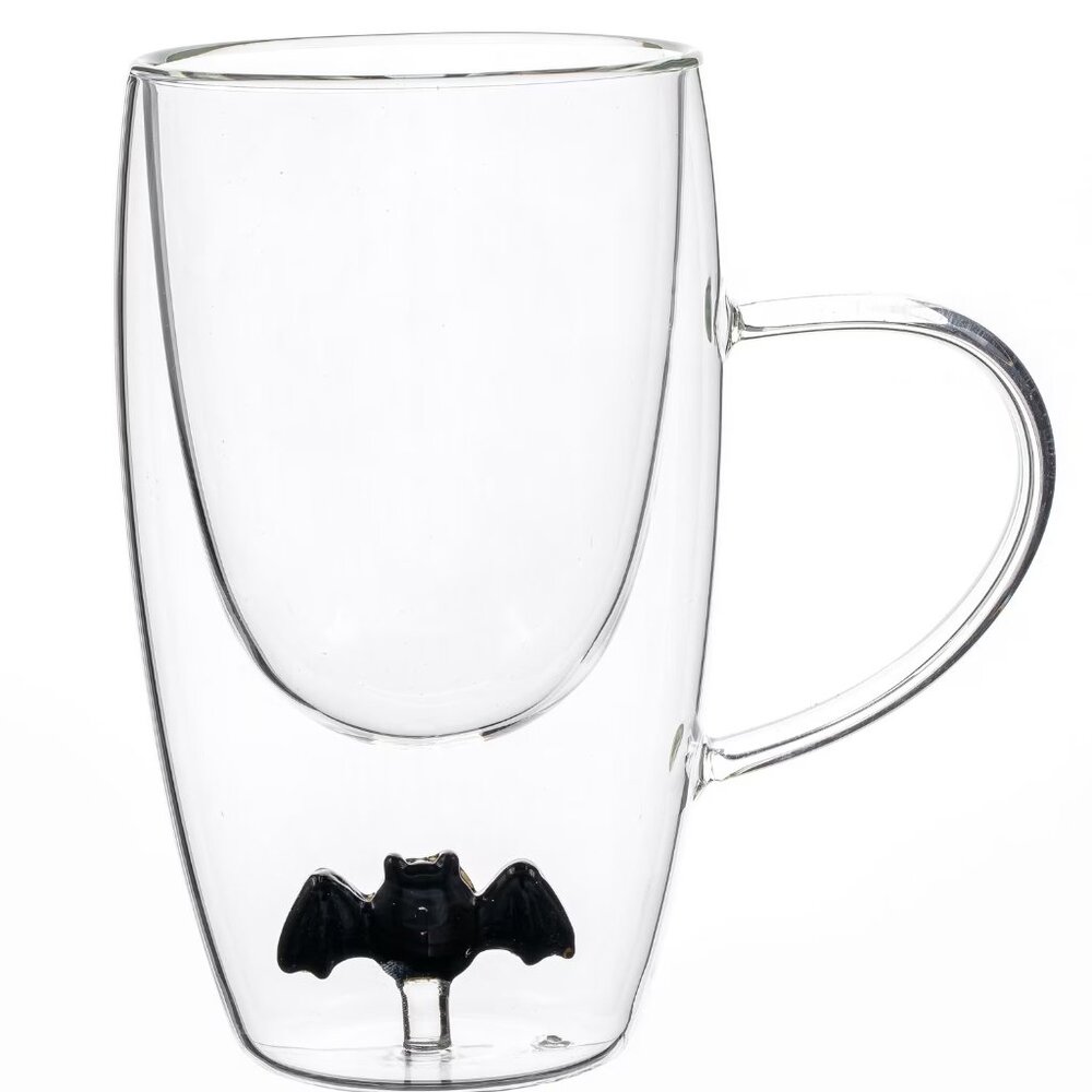 Halloween Coffee Bat Charm Mug Borosilicate Glass Cup 11.5oz New